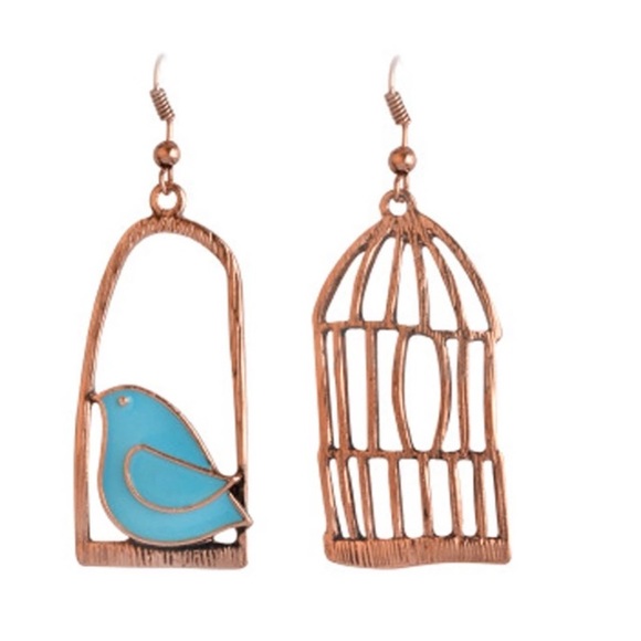 Jewelry - Blue Bird Gold Cage Earrings